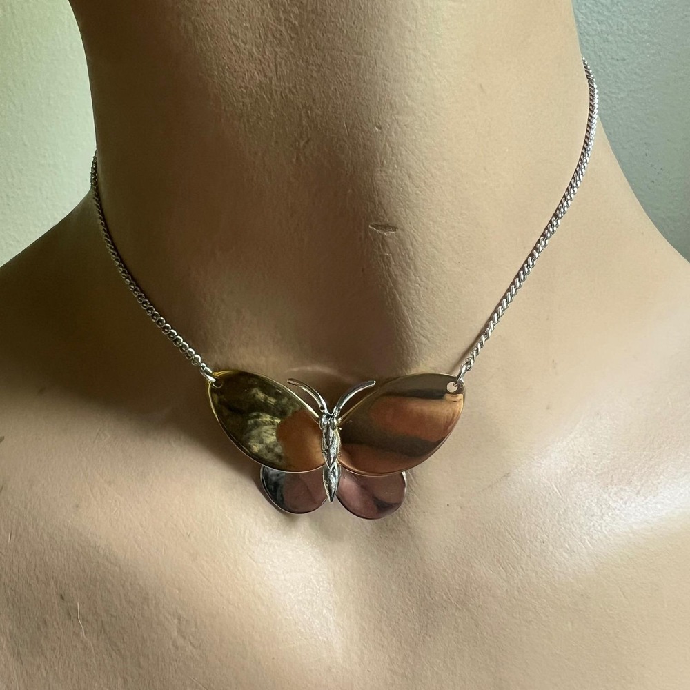 Avon Mixed Metal Butterfly  Necklace Silver Gold Tone 16-19" Cottagecore